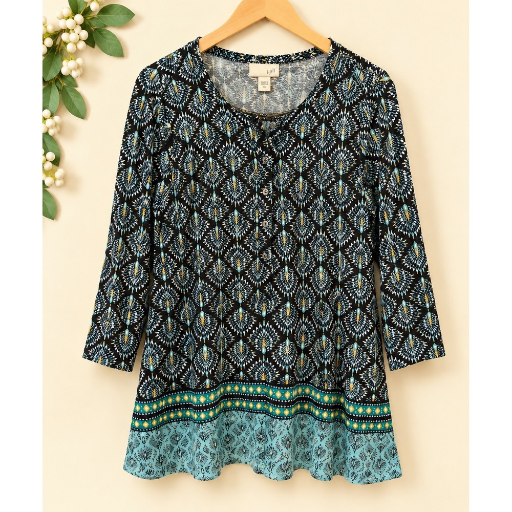 J. Jill XL Black Blue Geometric Medallion Henley Tunic 3/4 Sleeve Top RN97641